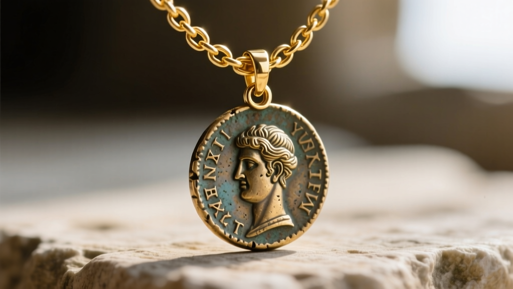 Extreme macro photography of a 1.5mm solid gold box chain threading through the soldered bail of a textured Roman replica coin