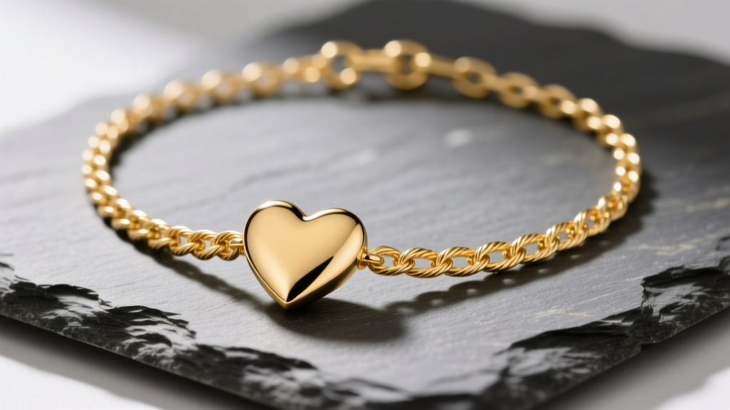 14k yellow gold heart choker necklace on slate, showing fine cable links and a polished solid heart pendant under soft lighting