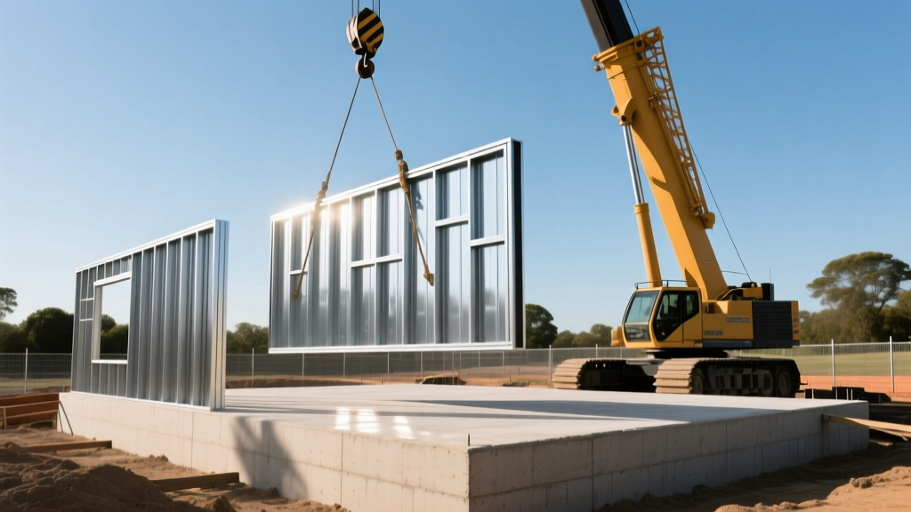 Prefabricated light gauge steel framing panels being lifted by crane onto a residential concrete foundation