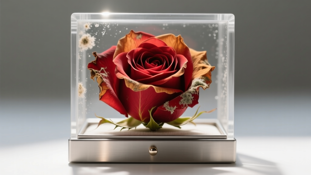 Preserved rose showing petal wilting and mold inside a poorly ventilated acrylic display box with a lower jewelry compartment