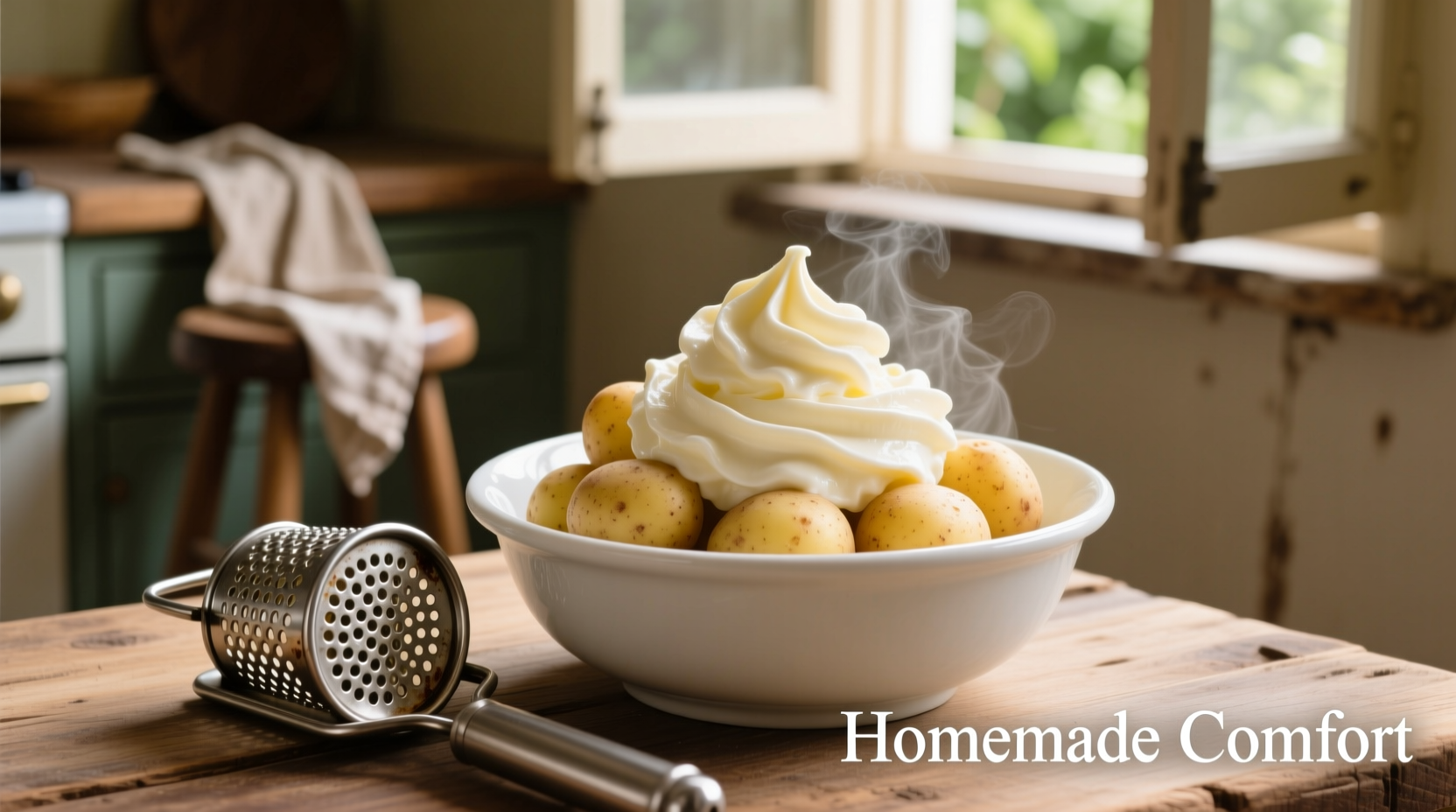 Creamy whipped potatoes in white bowl with ricer