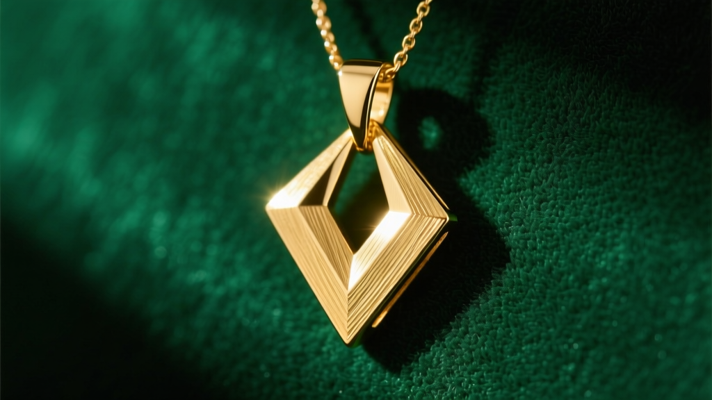 Macro shot of an 18k gold v-shaped pendant with a brushed finish catching warm sunlight against a deep emerald green velvet top