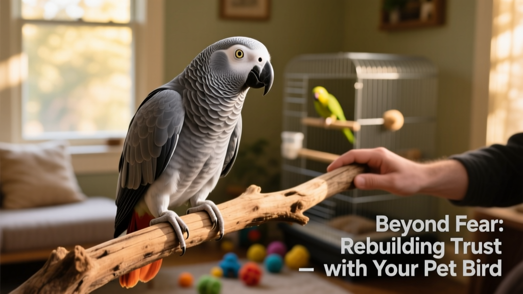 A calm African grey perched quietly on a natural wood perch, looking alert but relaxed