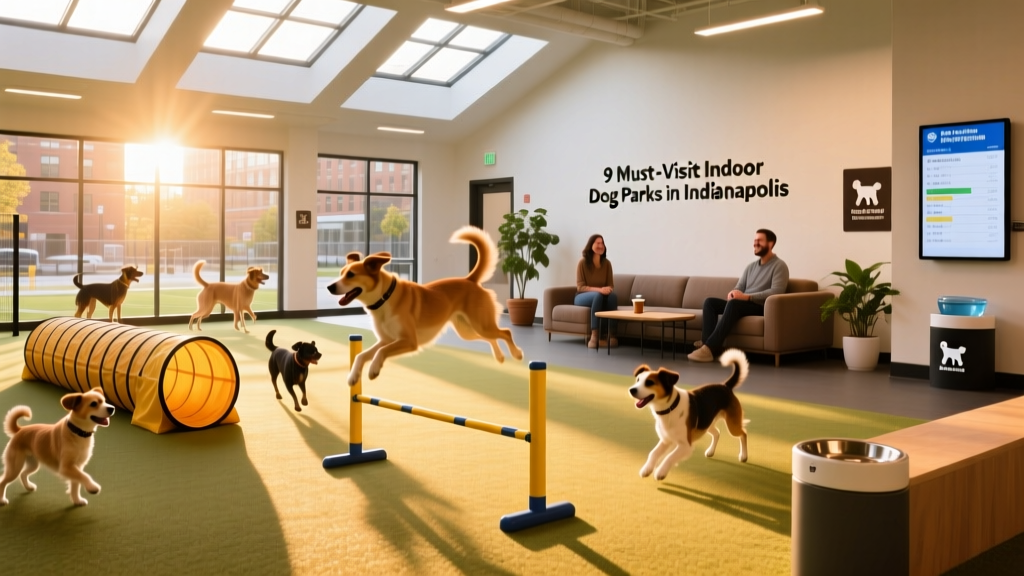 A bright, spacious indoor dog park with dogs playing on rubber flooring, agility equipment, and owners watching from a cozy lounge area