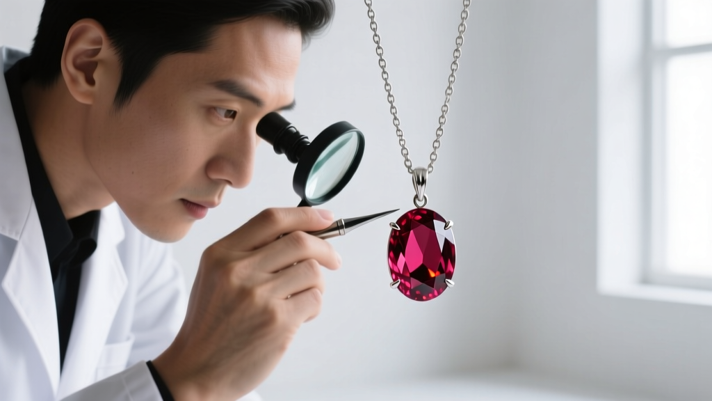 Jeweler using a 10x loupe to inspect prongs of an oval-cut Burmese ruby pendant on a delicate vintage platinum cable chain necklace