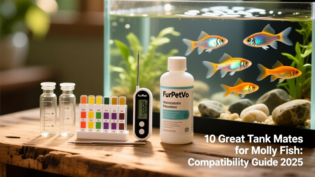 Aquarium maintenance kit including water test strips, thermometer, and FurPetVo water conditioner bottle