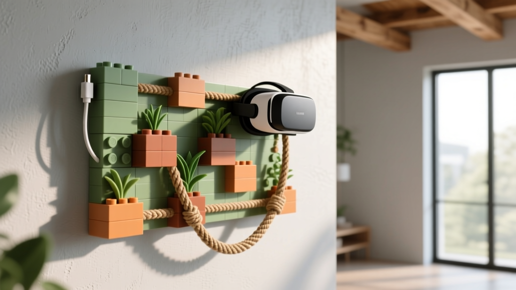 Organized wall-mounted VR cable management system built entirely from recycled plant-based Lego bricks and natural hemp cords in a sunlit room.