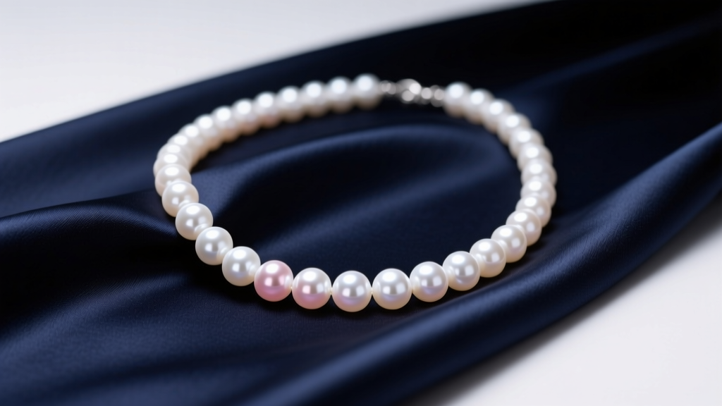 Luminous 7mm white Akoya saltwater pearl necklace draped elegantly over dark navy silk fabric, illuminated by soft studio lighting.