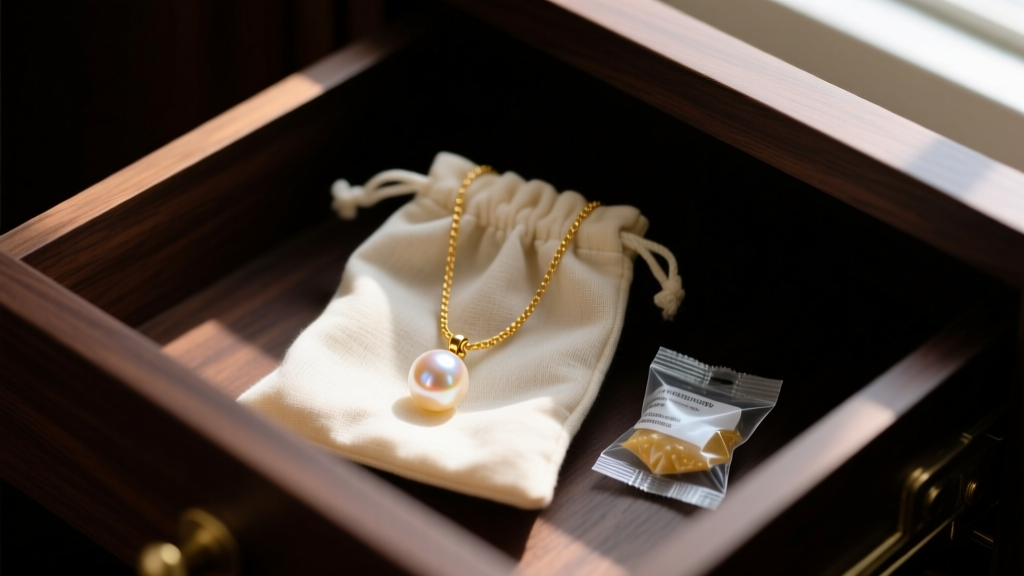 A gold pearl pendant necklace stored inside a breathable cotton jewelry pouch next to a silica gel packet in a dark wooden drawer.