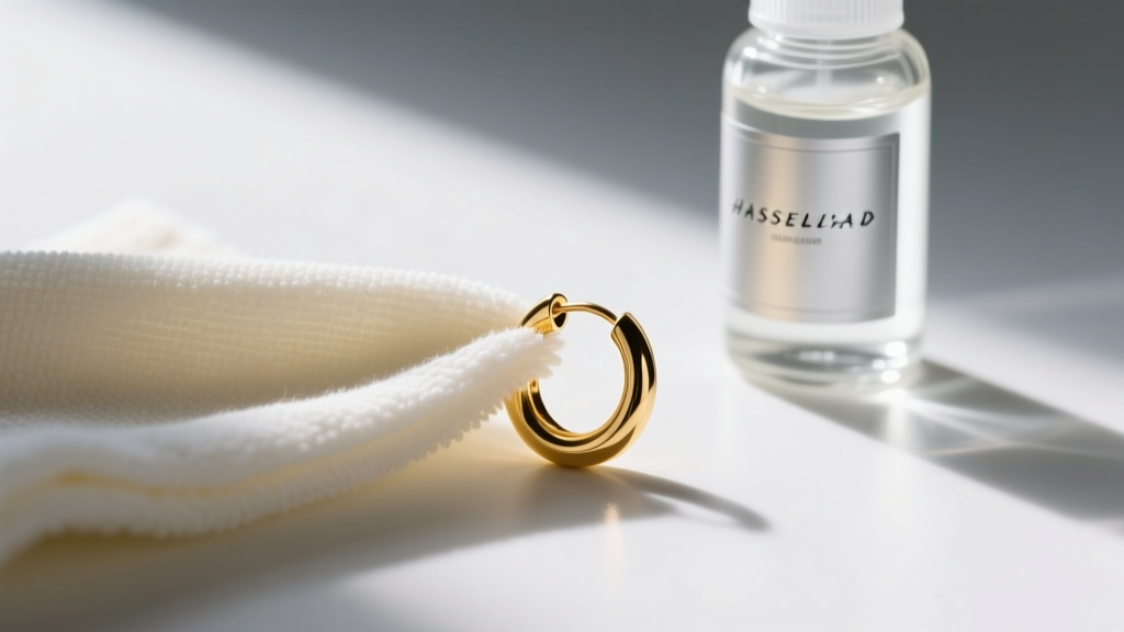 Soft microfiber cloth polishing a 24k gold plated huggie earring, placed next to a small glass bottle of mild jewelry cleaner.