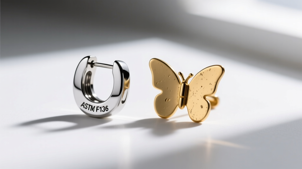 Close-up of an ASTM F136 titanium earring back beside a standard brass butterfly back, showing mirror-polished surface differences