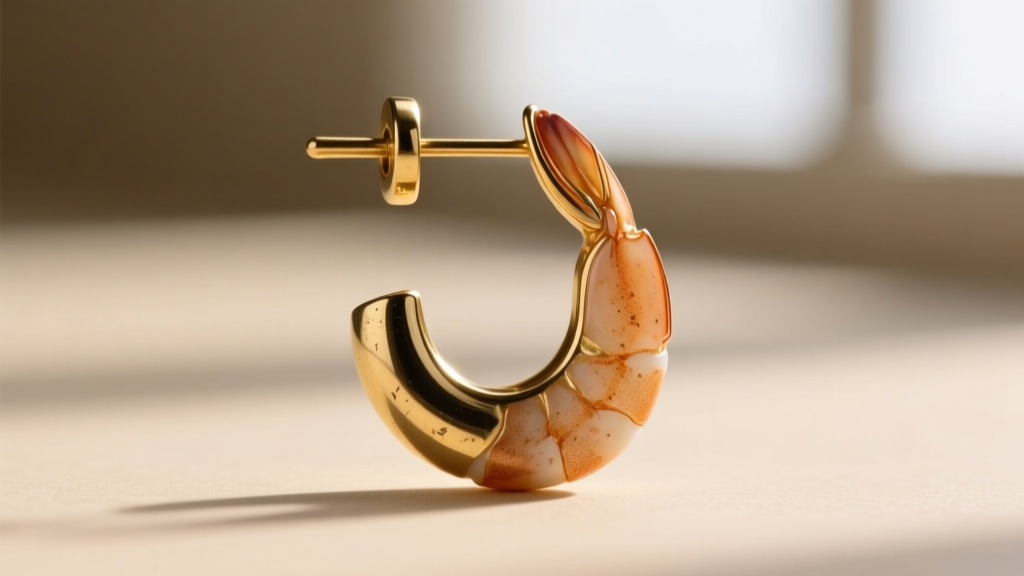 Extreme macro shot of a vintage 1990s shrimp earring post showing 18-gauge thickness and slight patina on the gold-tone brass back