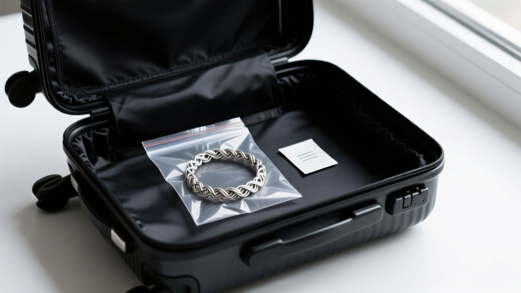 Sealed plastic bag holding a woven silver bracelet and an anti-tarnish strip, resting inside a dark hard-shell carry-on suitcase.