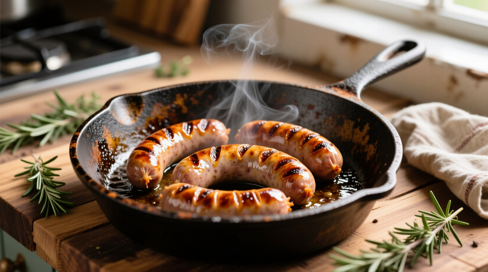 Perfectly browned Italian sausage links in cast iron skillet