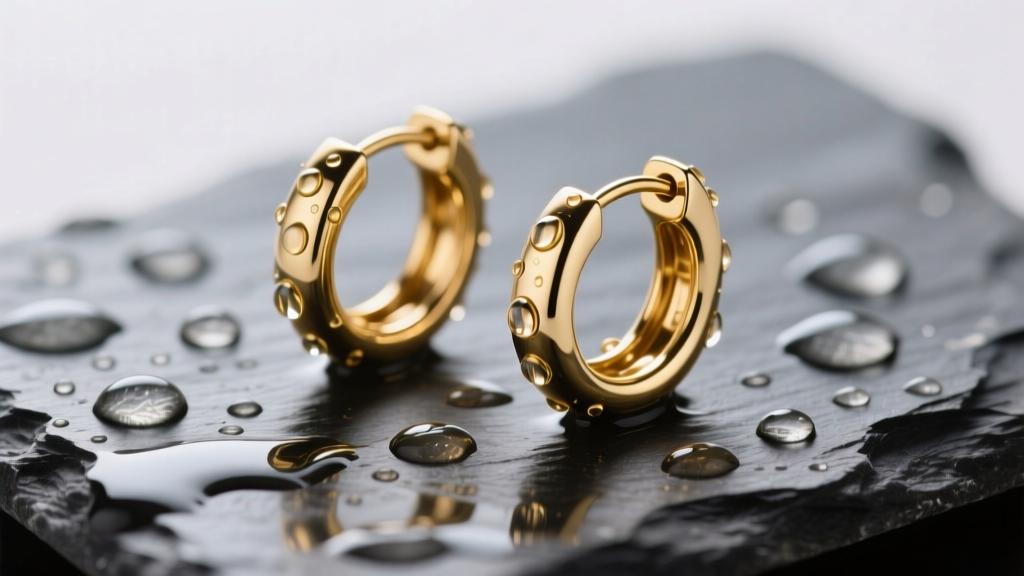 Macro shot of gold huggie earrings on wet slate with water droplets, studio lighting highlighting polished metal grain
