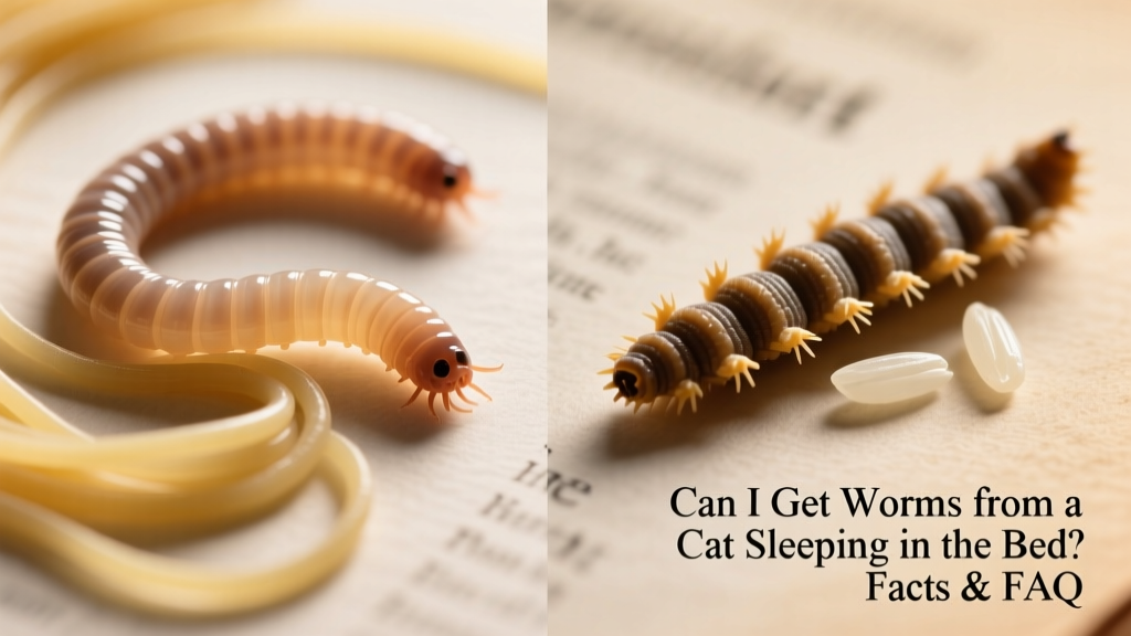 Side-by-side comparison showing roundworms (spaghetti-like) and tapeworm segments (rice-grain shaped) under magnification