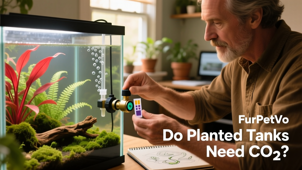 Aquarist adjusting CO₂ bubble rate on a FurPetVo regulator while monitoring pH and KH in a 12-gallon planted tank