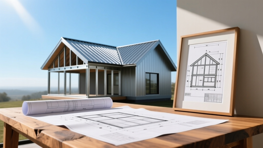 Architectural blueprints spread across a wooden table next to a framed house skeleton with modern roofing and siding under a clear blue sky