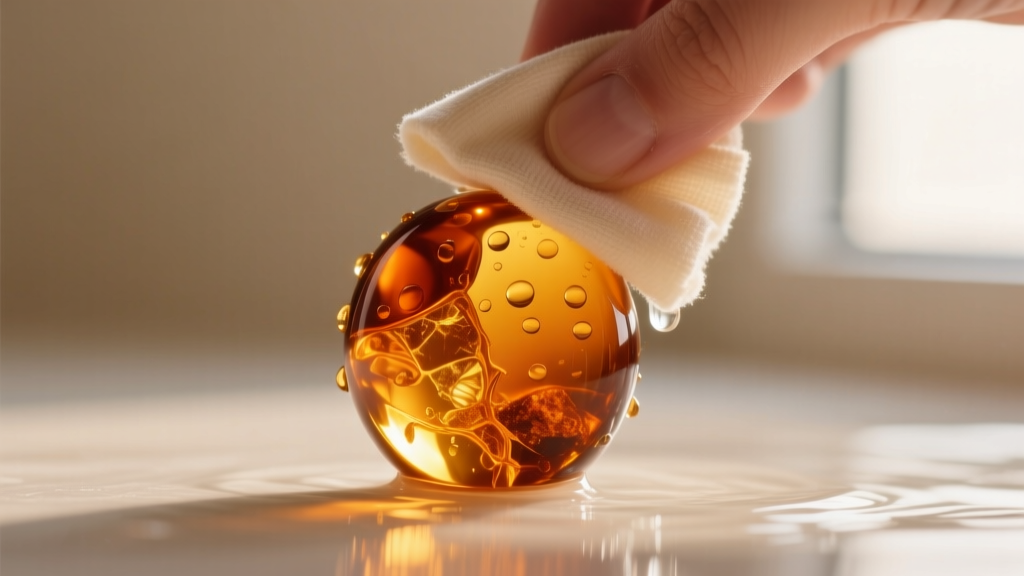 Soft microfiber cloth gently wiping a single polished Baltic amber bead under warm running water, avoiding any harsh chemical soaps.