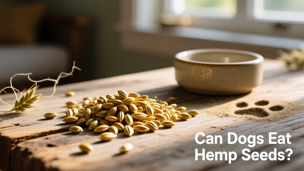 Close-up of golden hemp hearts scattered on a wooden surface next to a dog bowl