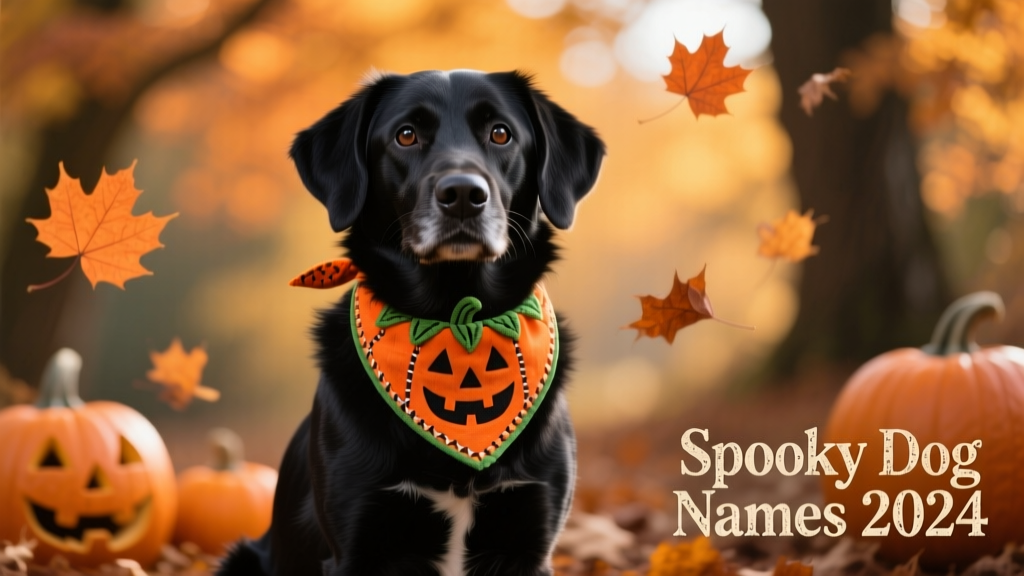 A playful black dog wearing a tiny pumpkin-shaped bandana, sitting against an autumnal backdrop of orange leaves and pumpkins