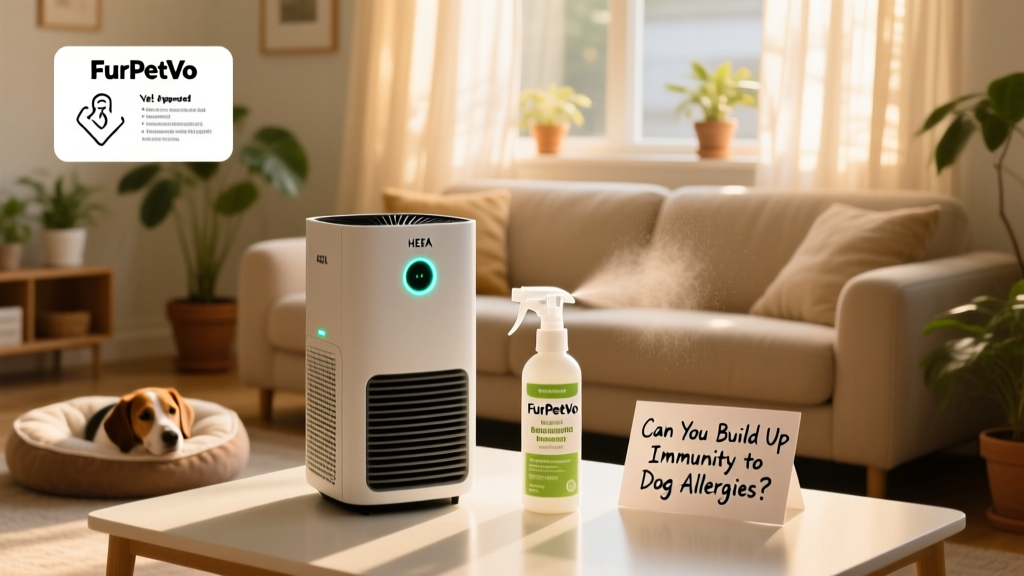 Side-by-side comparison showing HEPA air purifier and FurPetVo dander-control spray on a clean living room surface