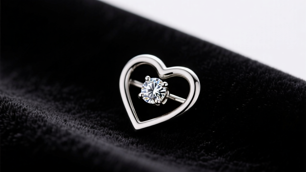 Flat lay gift box containing an implant-grade titanium heart daith hoop with a pavé diamond center, resting on dark velvet fabric