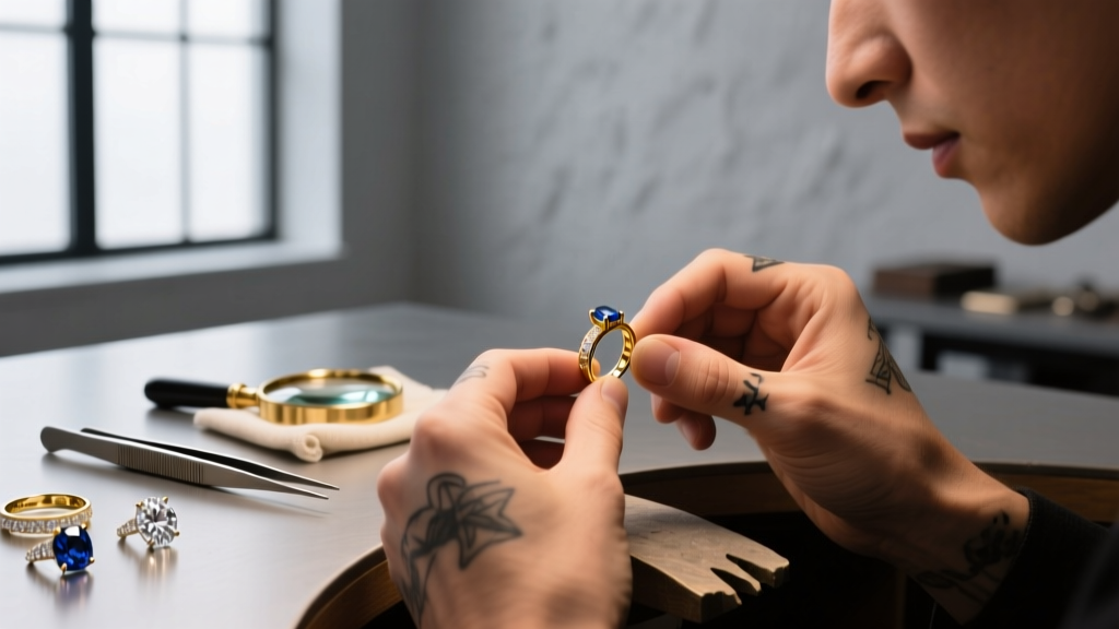 A jeweler's loupe magnifying a 925 stamp on a silver lobster clasp, with warm lighting emphasizing the brushed metal texture.