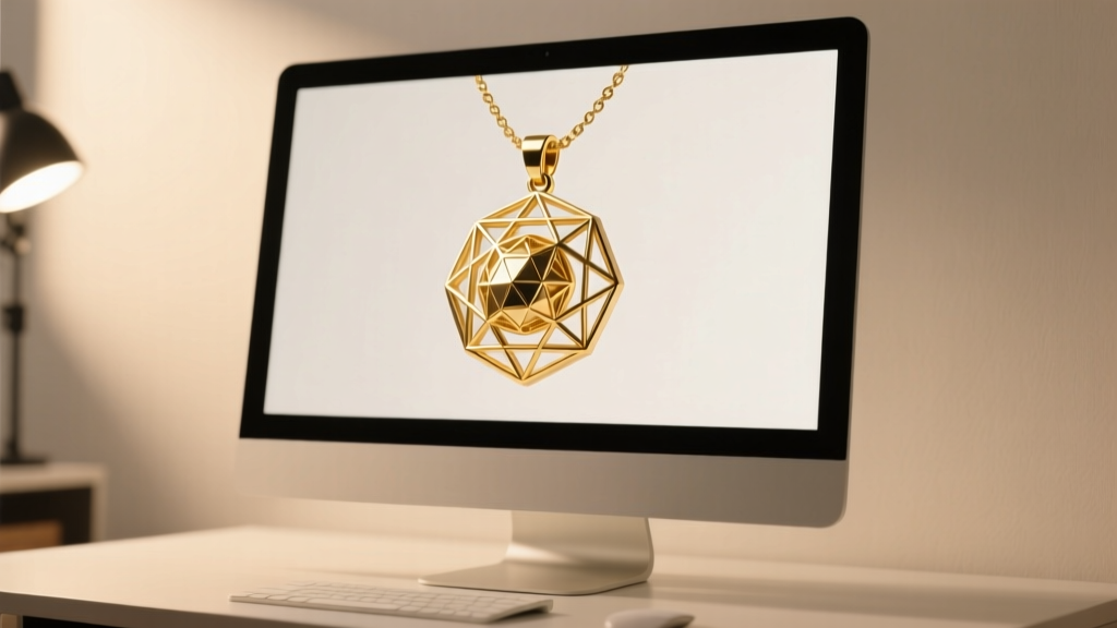 Computer screen displaying a 3D CAD wireframe model of a custom geometric gold pendant, illuminated by soft, warm studio lighting