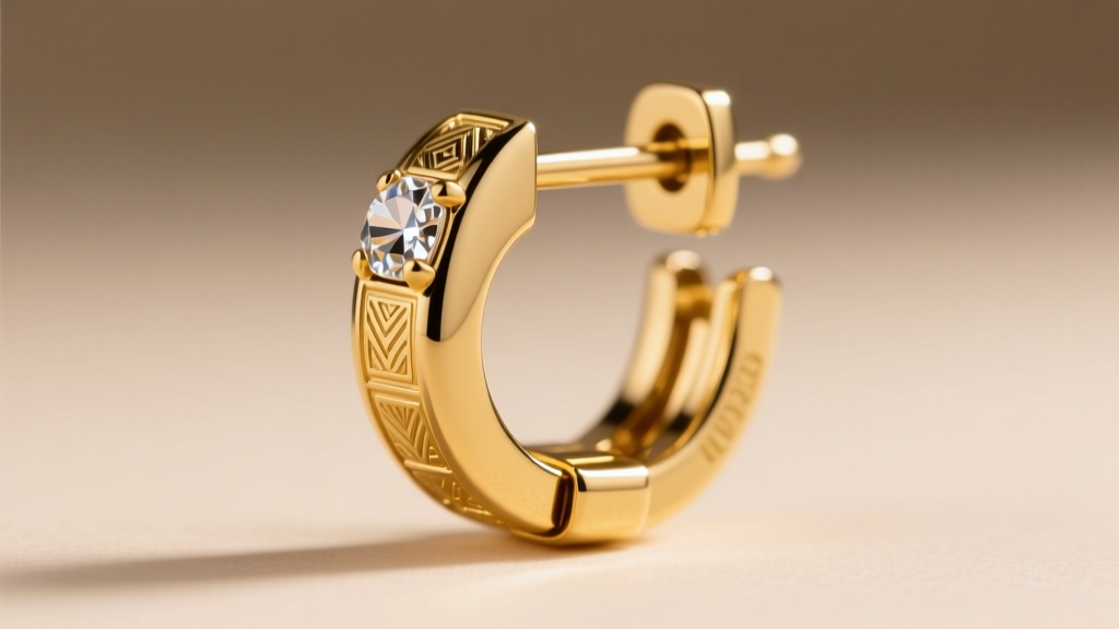 Macro shot of a gold leverback earring clasp closed, highlighting the secure interlocking catch against a soft beige backdrop