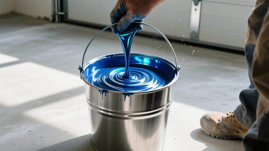 Close-up of a contractor mixing metallic blue epoxy resin in a bucket before pouring it onto a primed concrete garage floor
