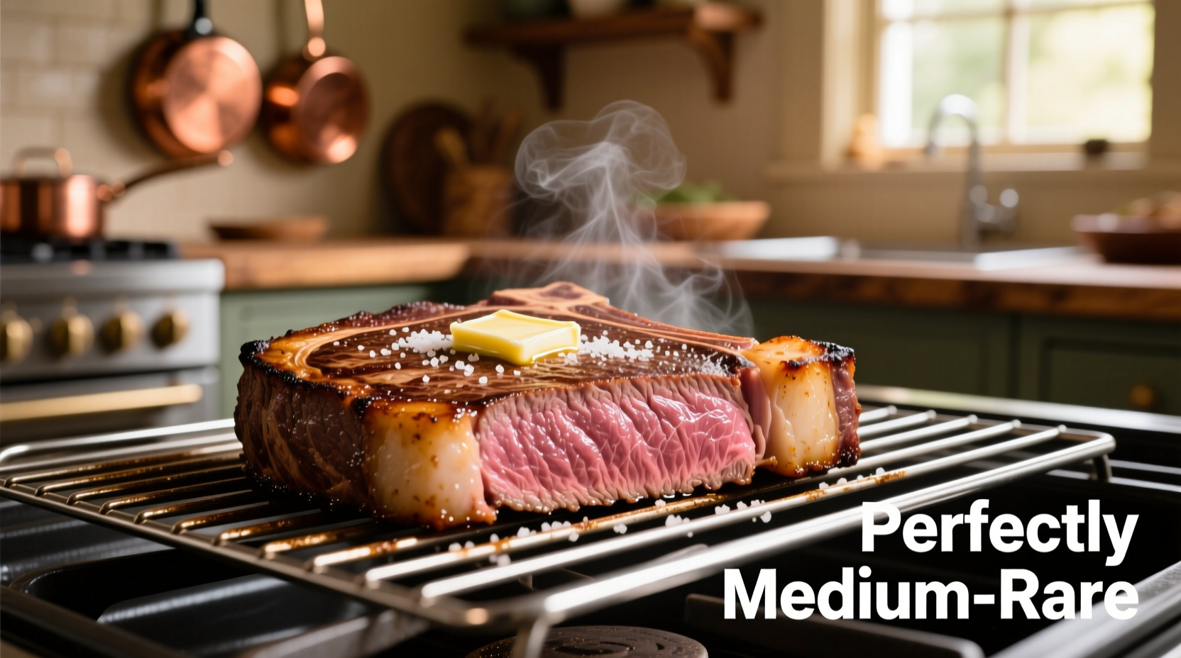 Perfectly cooked medium-rare steak on oven rack