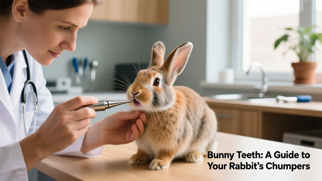 Veterinarian gently examining a rabbit’s mouth using a speculum, with calm demeanor and proper lighting