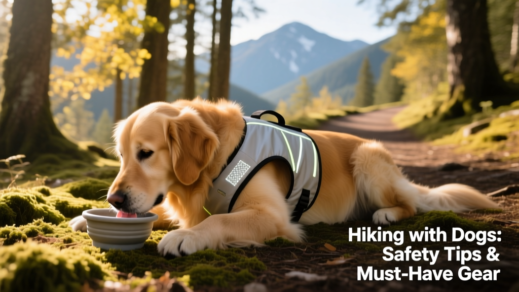 A dog resting comfortably in dappled shade, wearing a cooling vest and drinking from a collapsible bowl