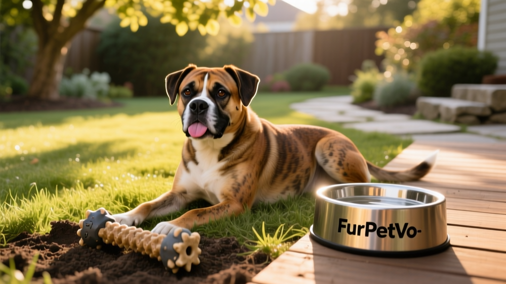 A relaxed Boxsky resting with a durable chew toy and FurPetVo-branded water bowl nearby
