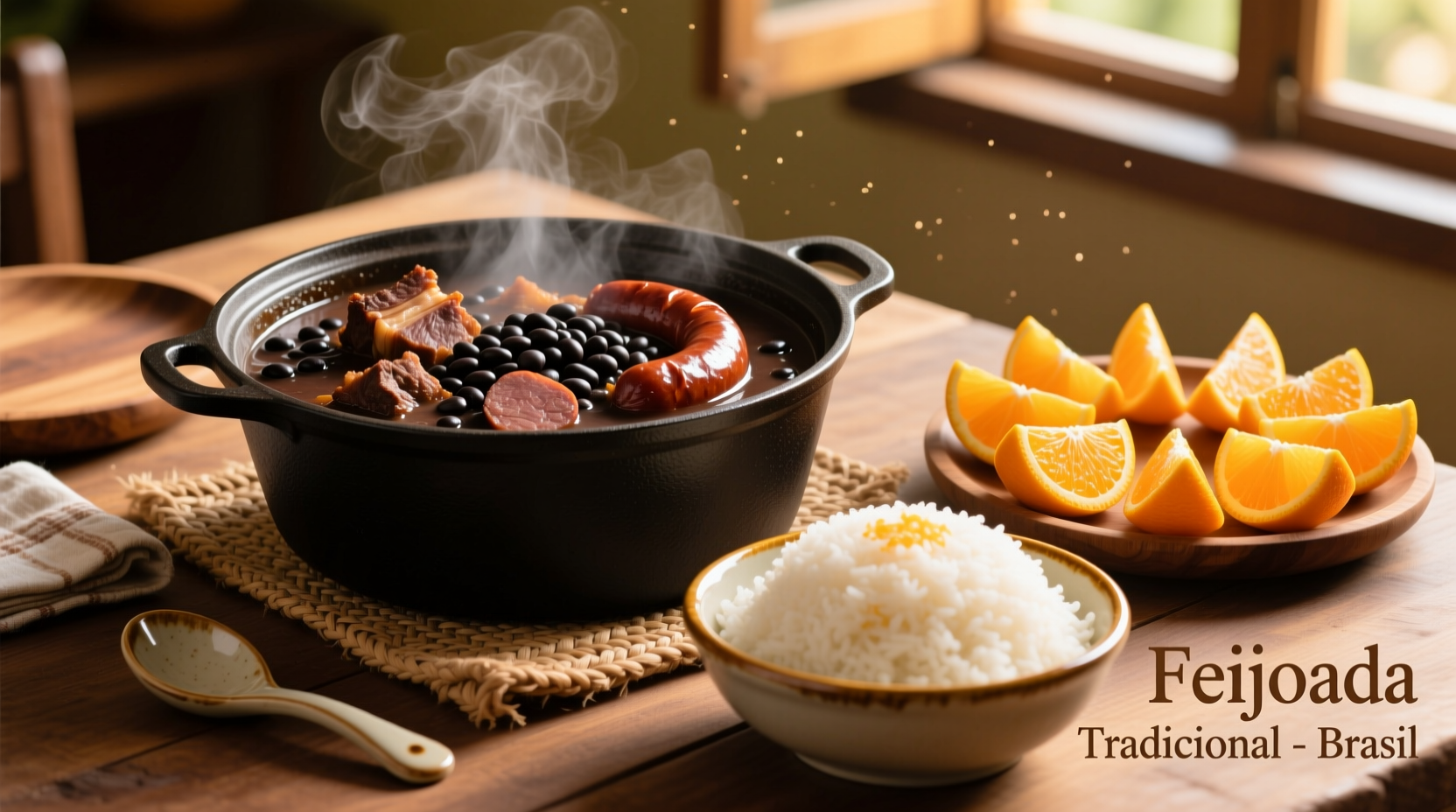 Traditional Brazilian feijoada served with rice and orange slices