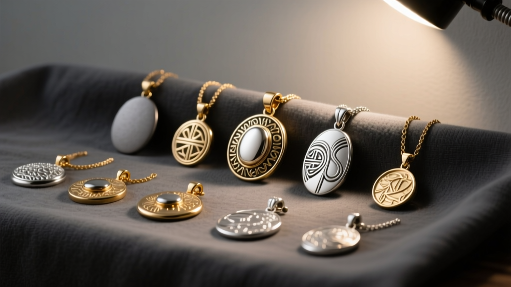 Brass and silver jewelry pendants for jewelry making resting on a dark gray anti-tarnish cloth under warm workbench lighting.