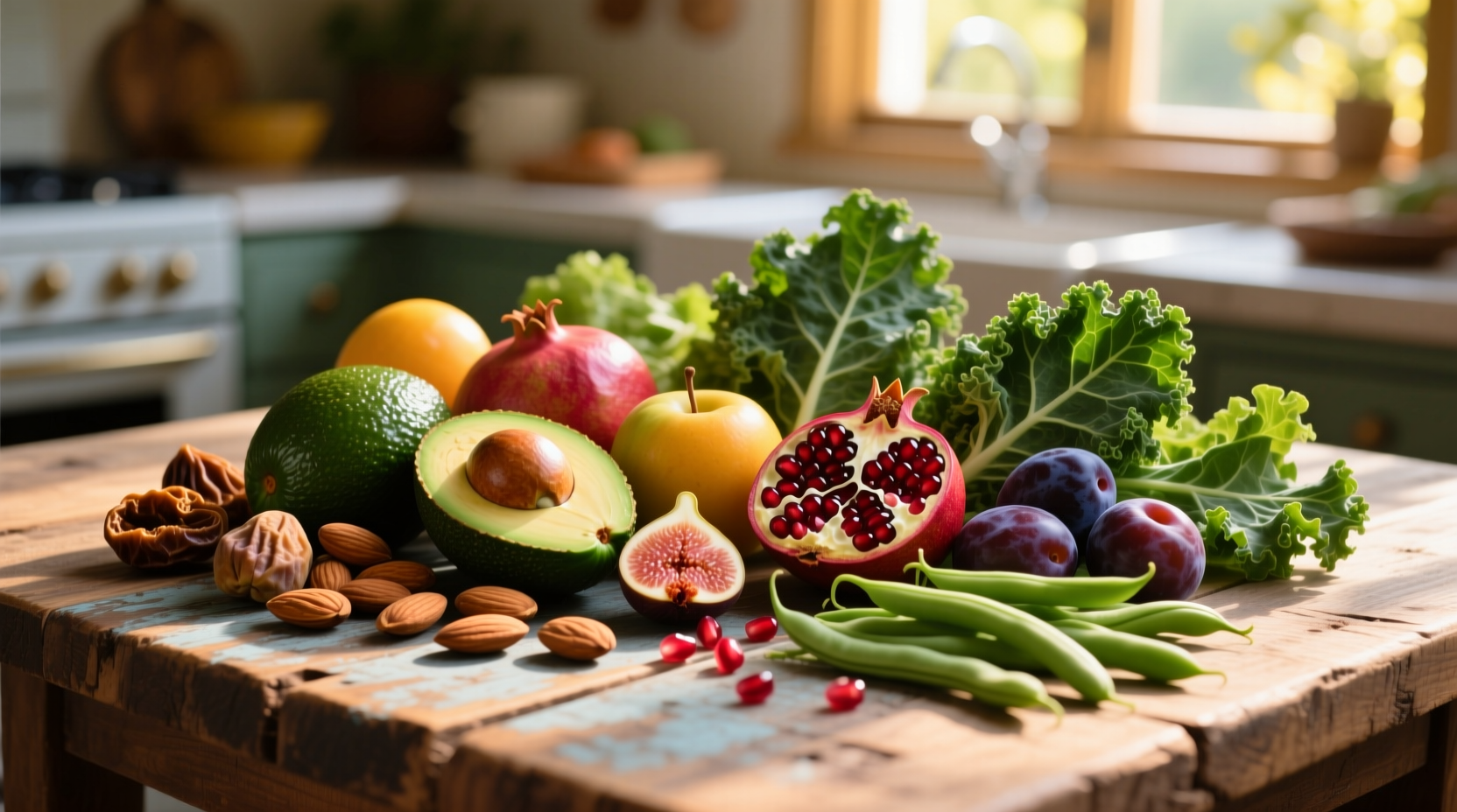 Colorful assortment of boron-rich foods on wooden table