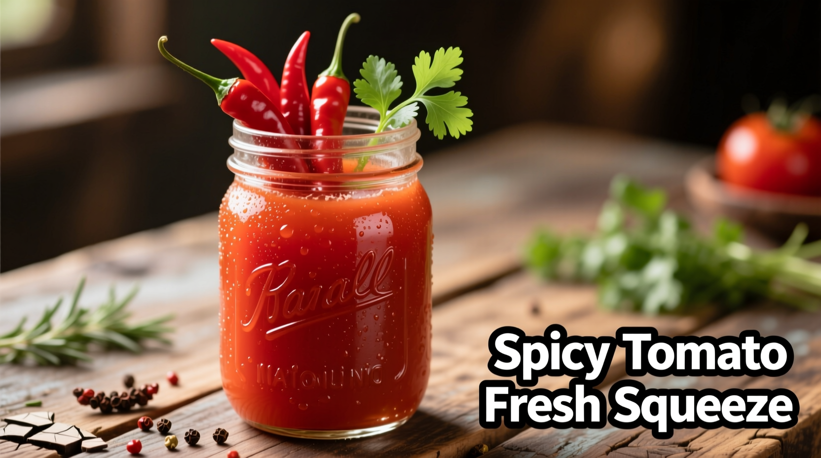 Fresh spicy tomato juice in mason jar with chili garnish