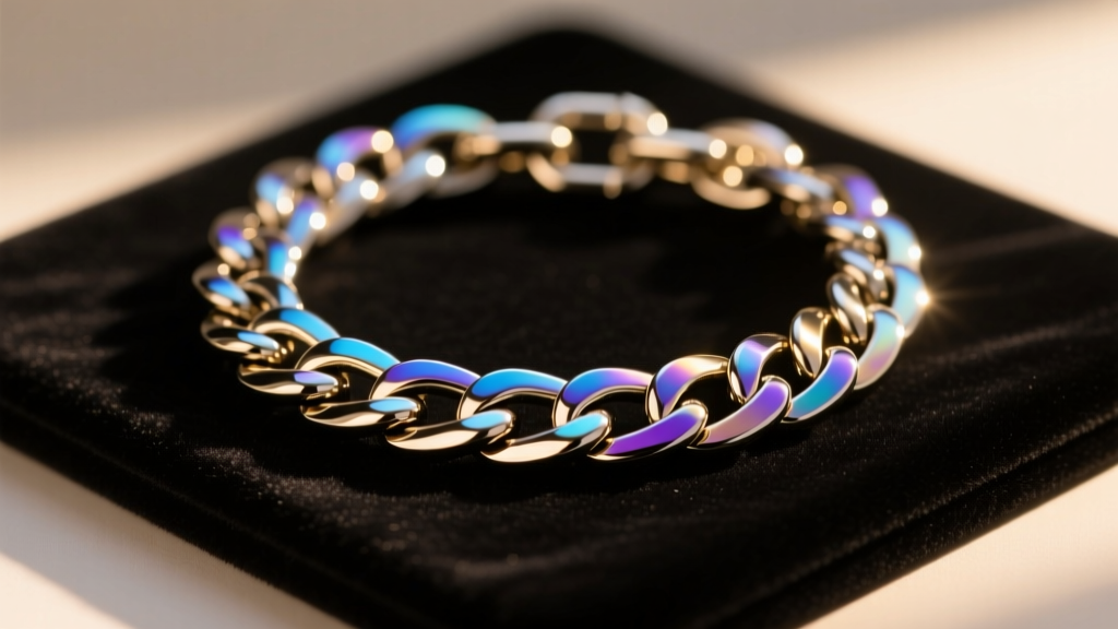 Macro shot of a pristine PVD-coated stainless steel Cuban chain catching warm golden sunlight on a dark velvet display pad.