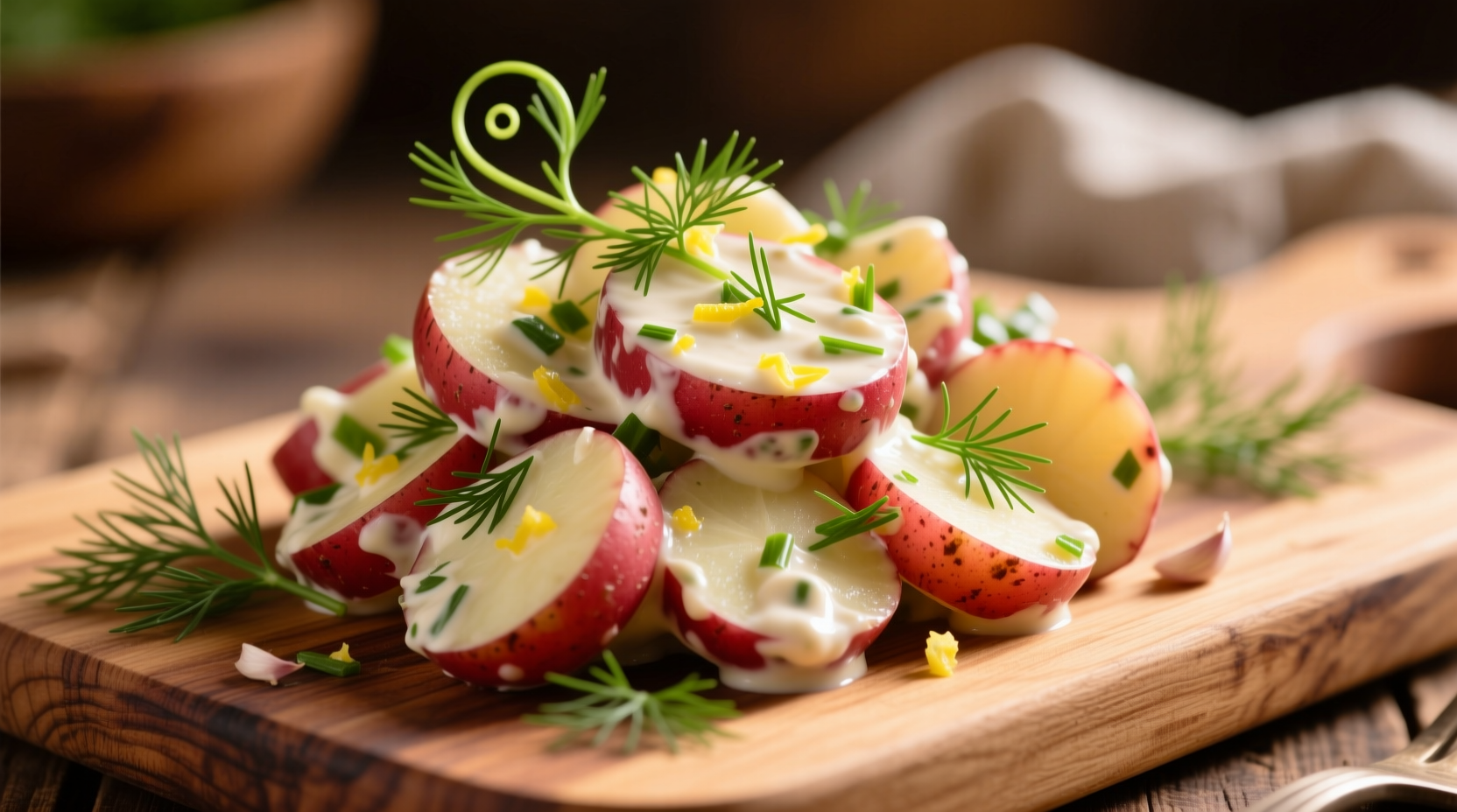 Creamy red potato salad with fresh dill garnish