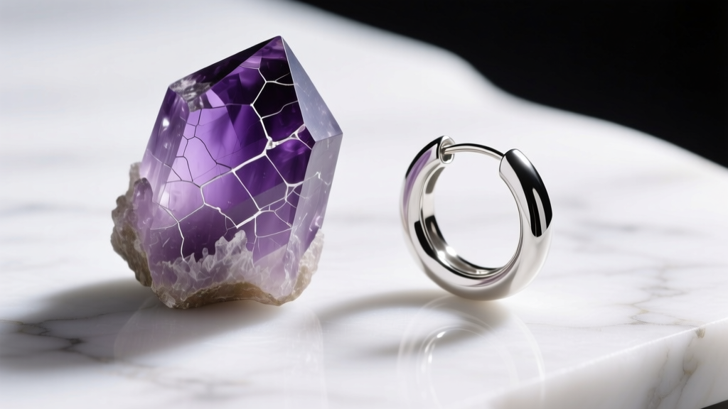 Macro shot of a raw amethyst crystal fracture beside a polished 20-gauge sterling silver hoop earring resting on white marble.