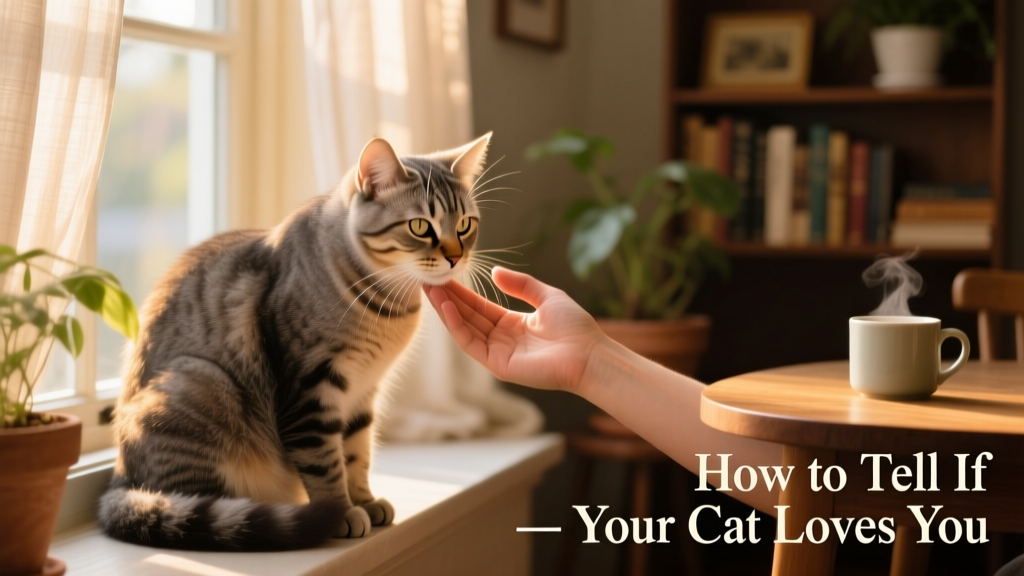 A cat gently headbutting its human’s hand while sitting on a cozy windowsill