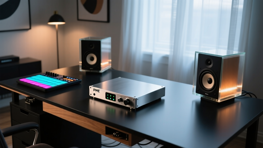 Overhead view of a modern studio desk featuring an RME audio interface, Ableton Push 3, and glowing studio monitors in a dimly lit room