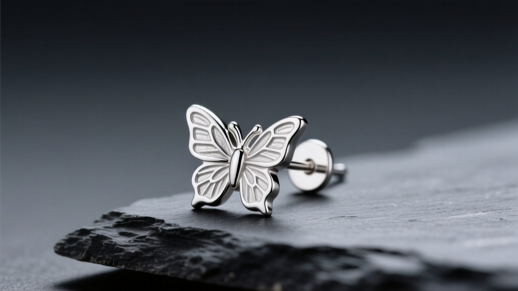 Macro shot of a polished 925 sterling silver post earring with butterfly backing resting on dark slate under soft studio lighting.