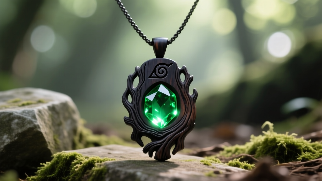 Macro photography of a Hashirama Senju inspired necklace featuring a dark carved wood pendant and a glowing green resin crystal
