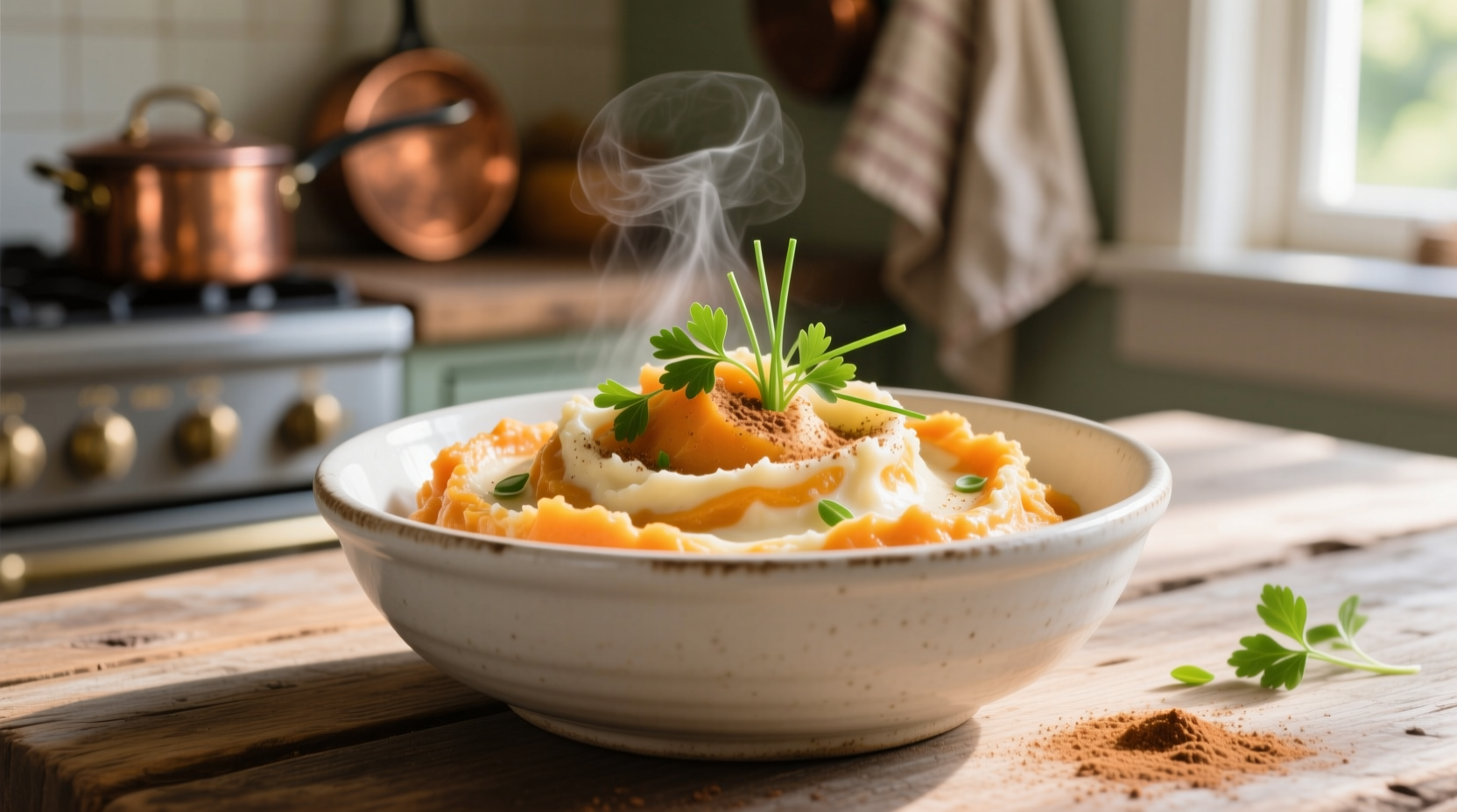 Creamy mashed potato squash blend in white bowl