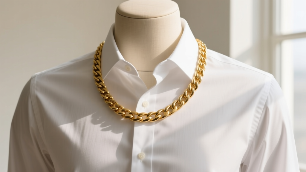 Crisp white spread-collar dress shirt paired with an 18-inch solid 14k gold Figaro chain resting elegantly on the upper chest.