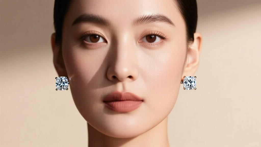 Profile portrait of a woman wearing 0.5 carat princess earrings, showing how square studs complement a soft round face shape.