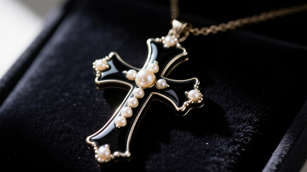 Macro shot of a Victorian black enamel and seed pearl cross pendant on dark velvet, soft lighting highlighting the enamel texture.